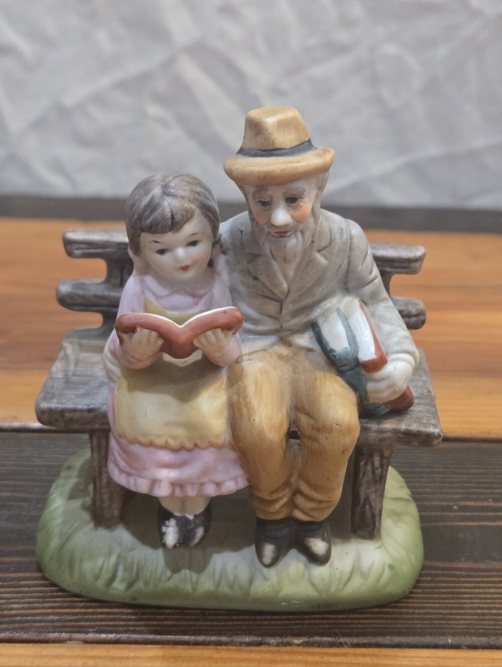 Lefton Porcelain Grandfather and Granddaughter Figurine in Pink, Tan and Green